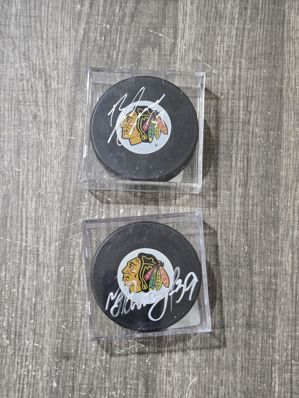 Black Chicago Blackhawks Autographed Hockey Pucks (Set of 2) Brian Campbell